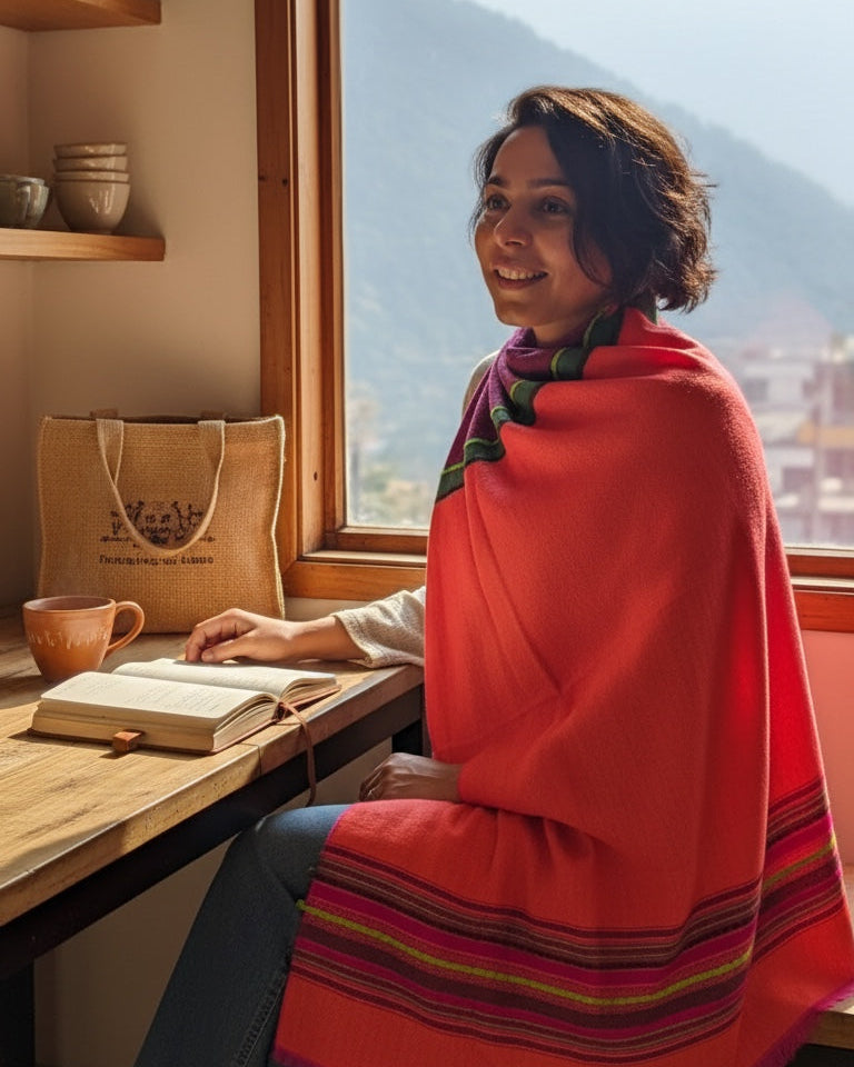 Orange Pure Wool Stole with Vibrant Border