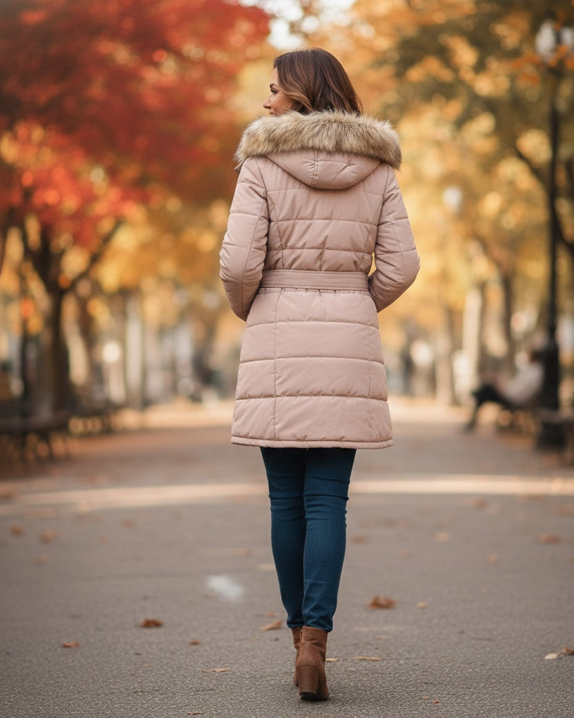 Woman in a long parka jacket with a fur-lined hood walking on a path in an autumn park.