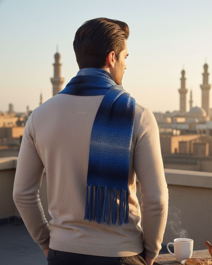 Man wearing a blue scarf on a rooftop with cityscape in the background