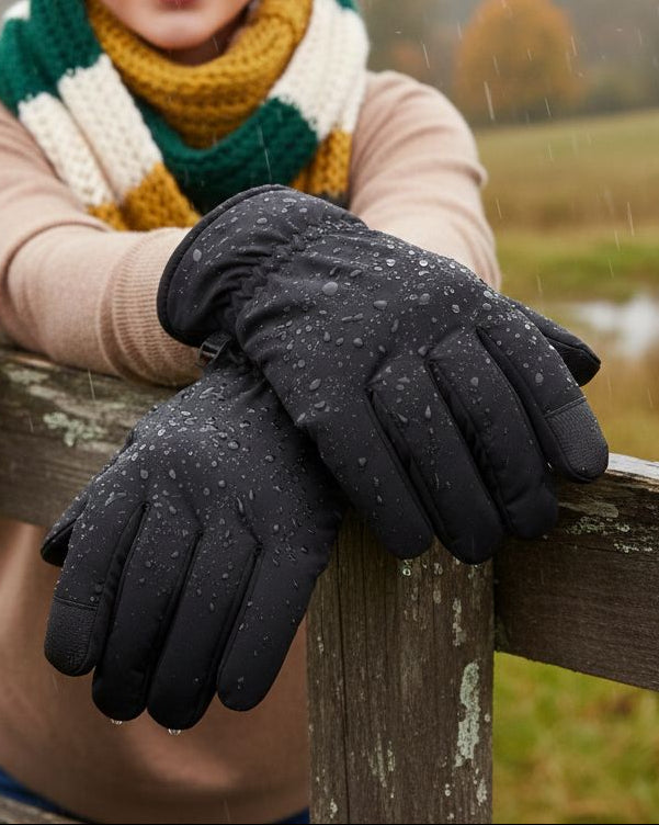 Woman wearing a colorful scarf and black waterproof gloves leaning on a wooden fence with a scenic background.