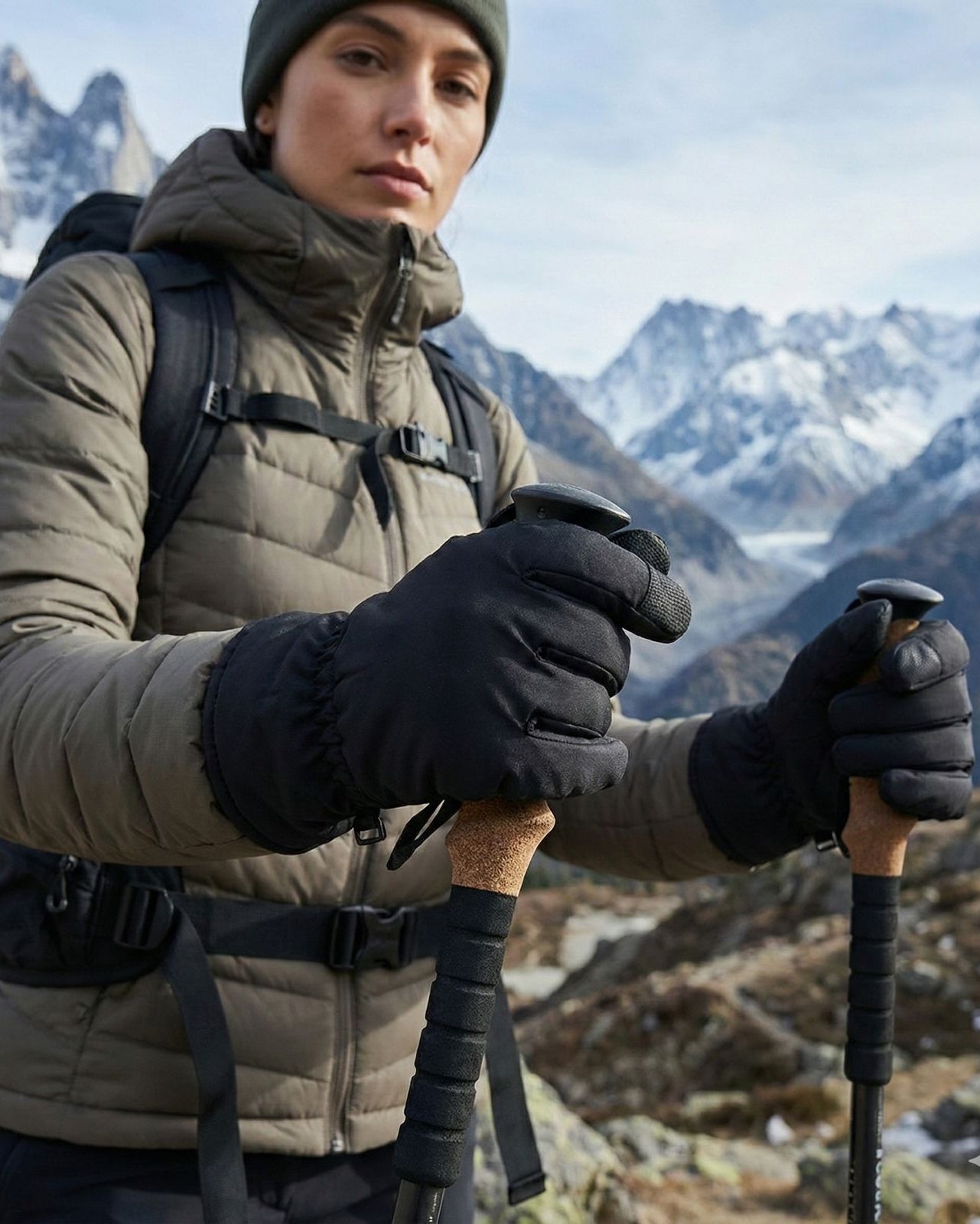 Person hiking in a mountainous area wearing a puffer jacket, gloves, and a backpack.