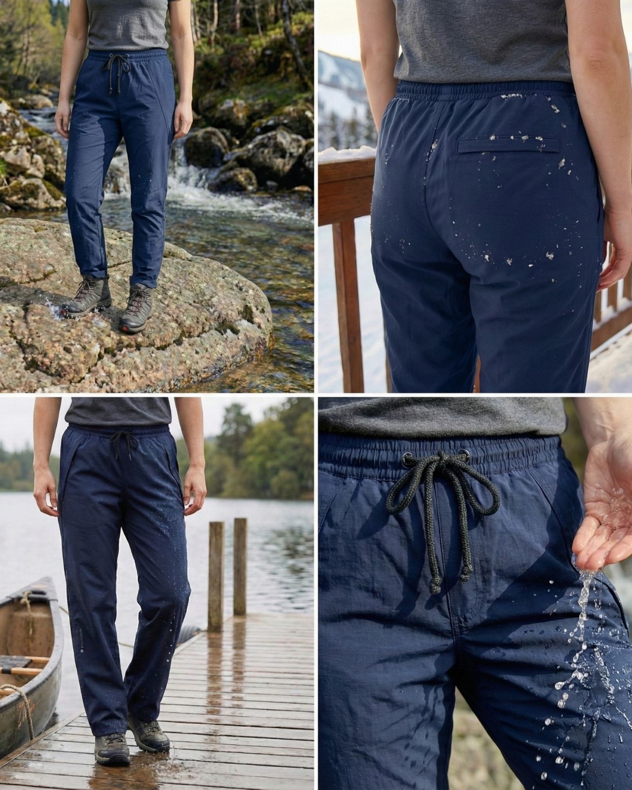 Collage of navy blue waterproof  pants worn outdoors by a person, with water and nature in the background.