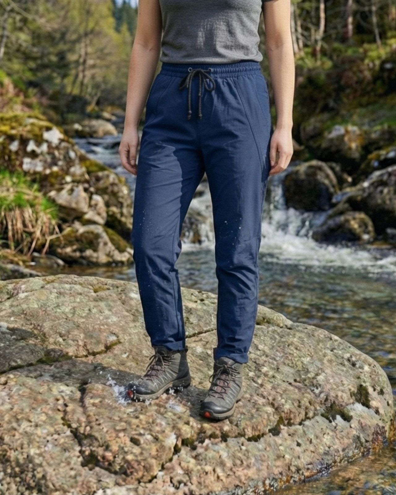 Person wearing blue waterproof pants standing on rocks by a stream