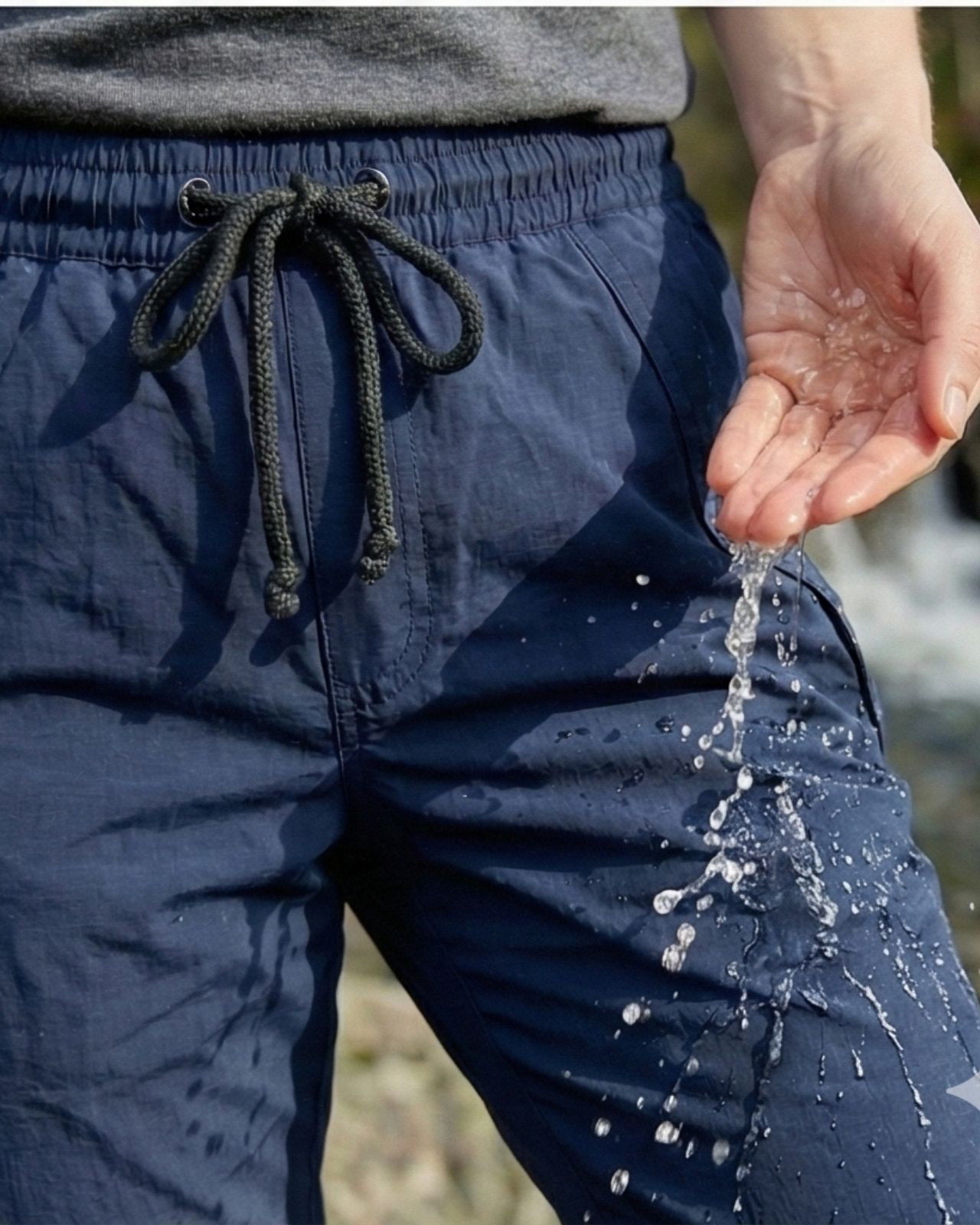 Person wearing navy blue waterproof pants with water dripping from a hand, outdoors.
