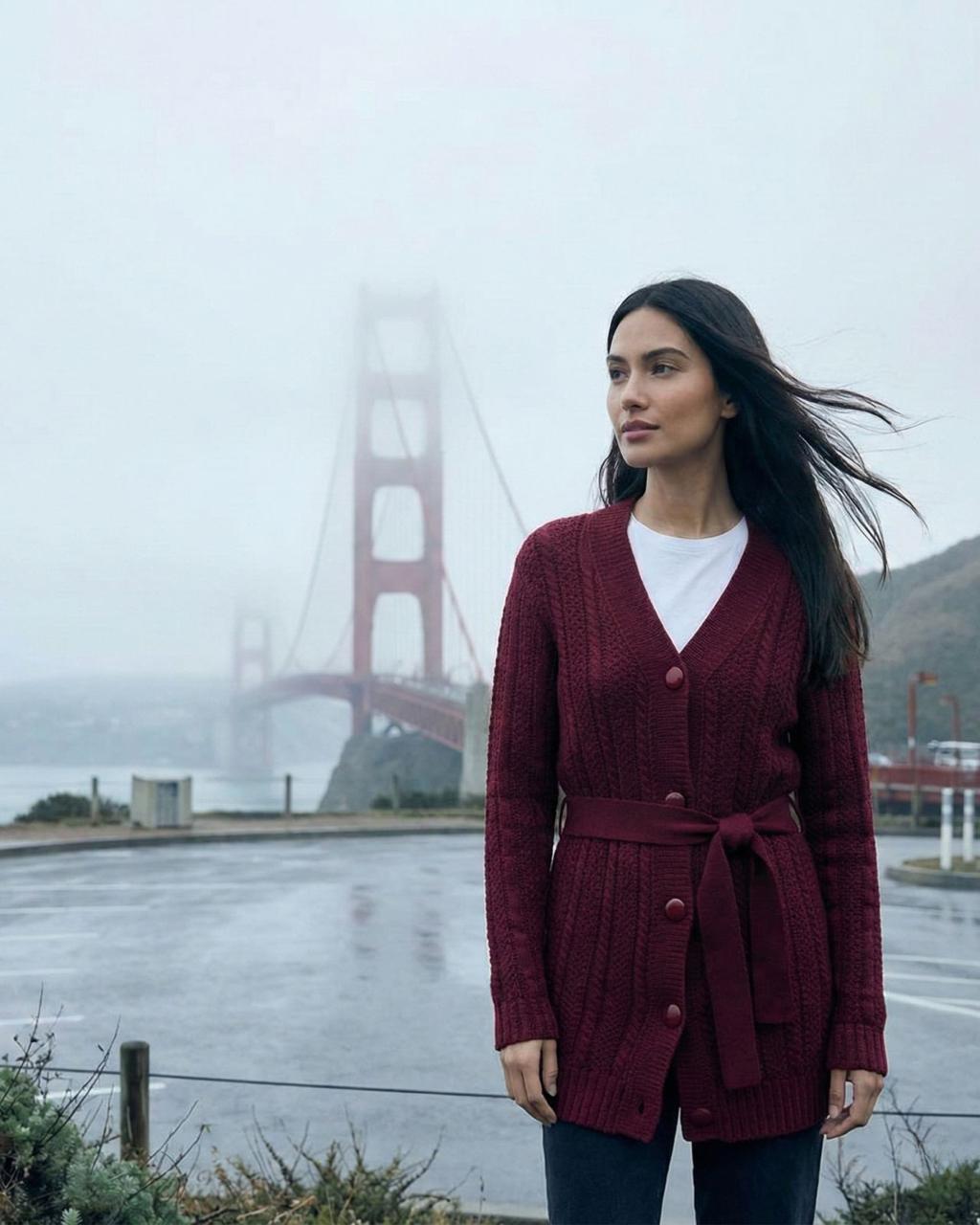 Merino Wool Long Cardigan With Belt For Women