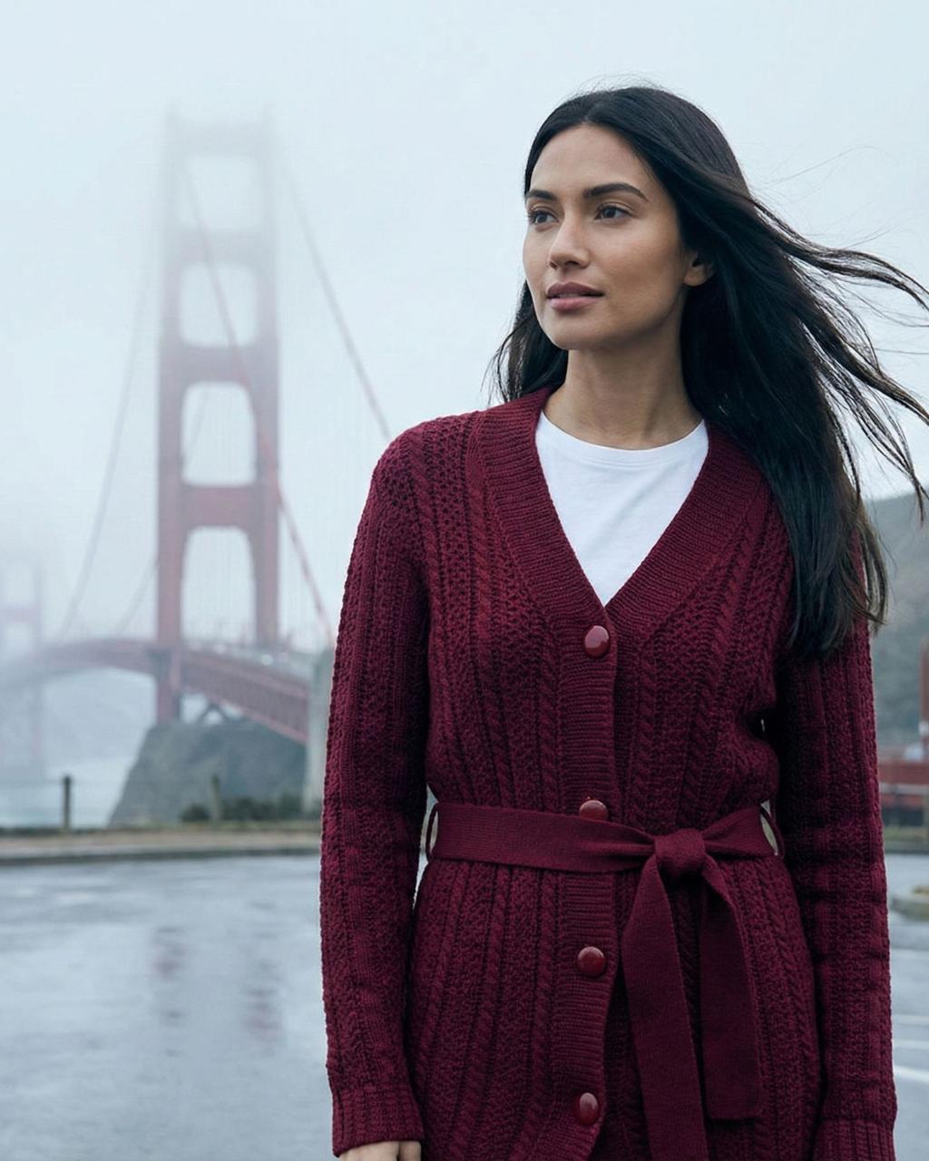 Merino Wool Long Cardigan With Belt For Women