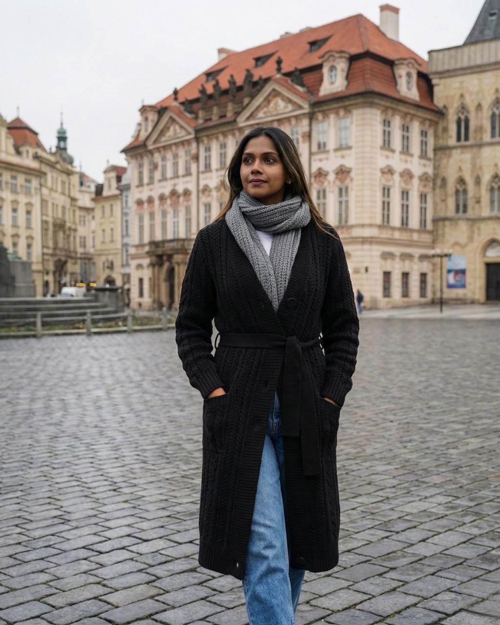 Merino Wool Long Cardigan With Belt For Women