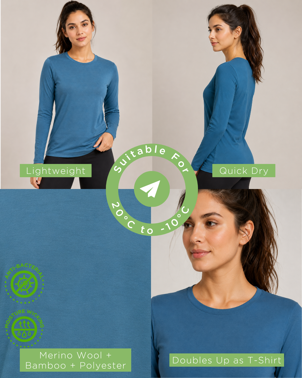 Full Sleeves Thermal | Merino Wool + Bamboo + Polyester For Women's