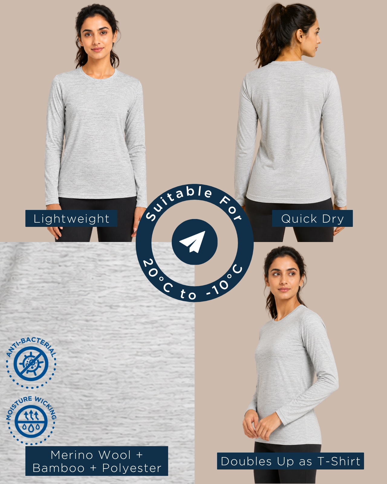 Full Sleeves Thermal | Merino Wool + Bamboo + Polyester For Women's