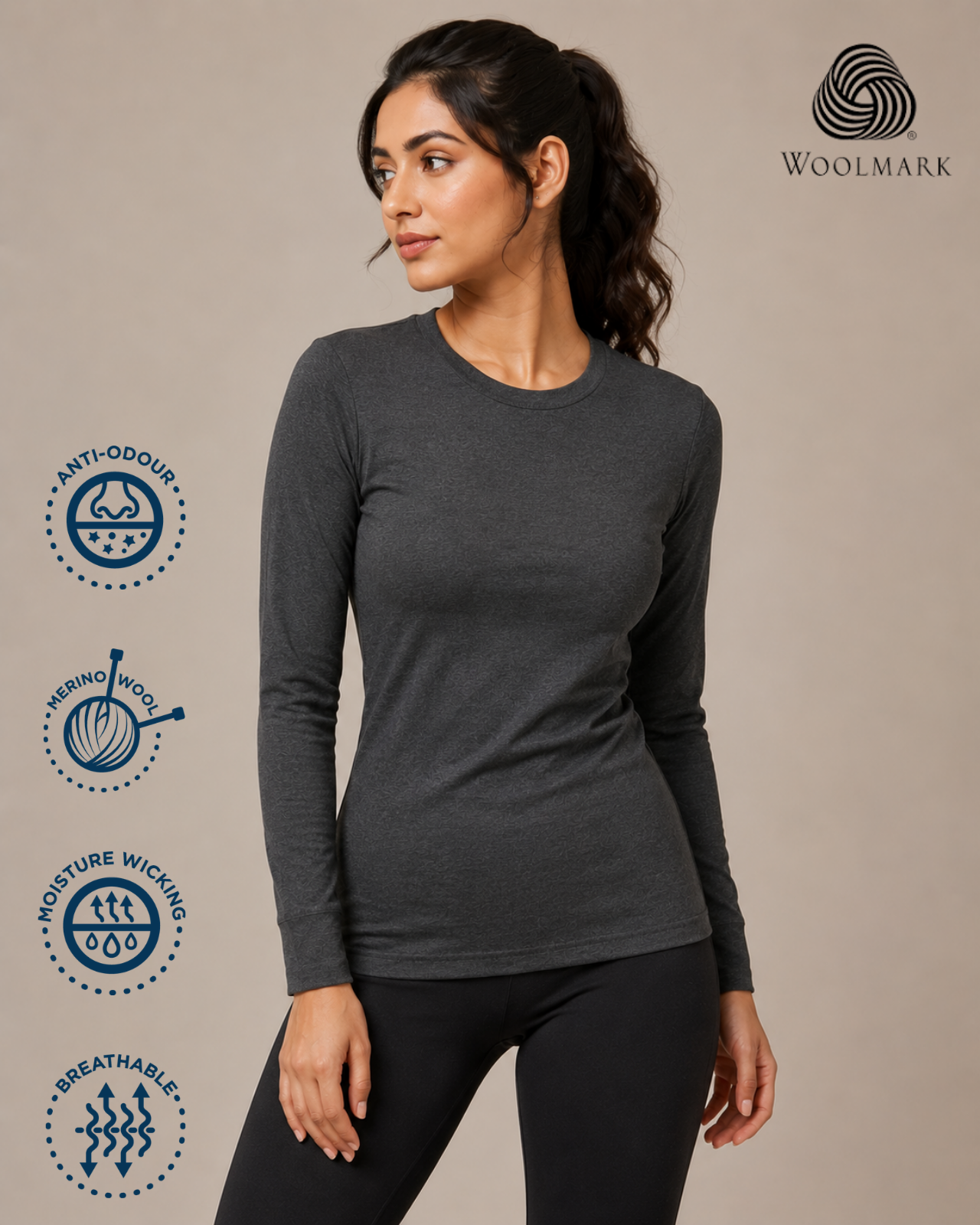 100% Merino Wool Full Sleeves High Neck Thermal Top For Women