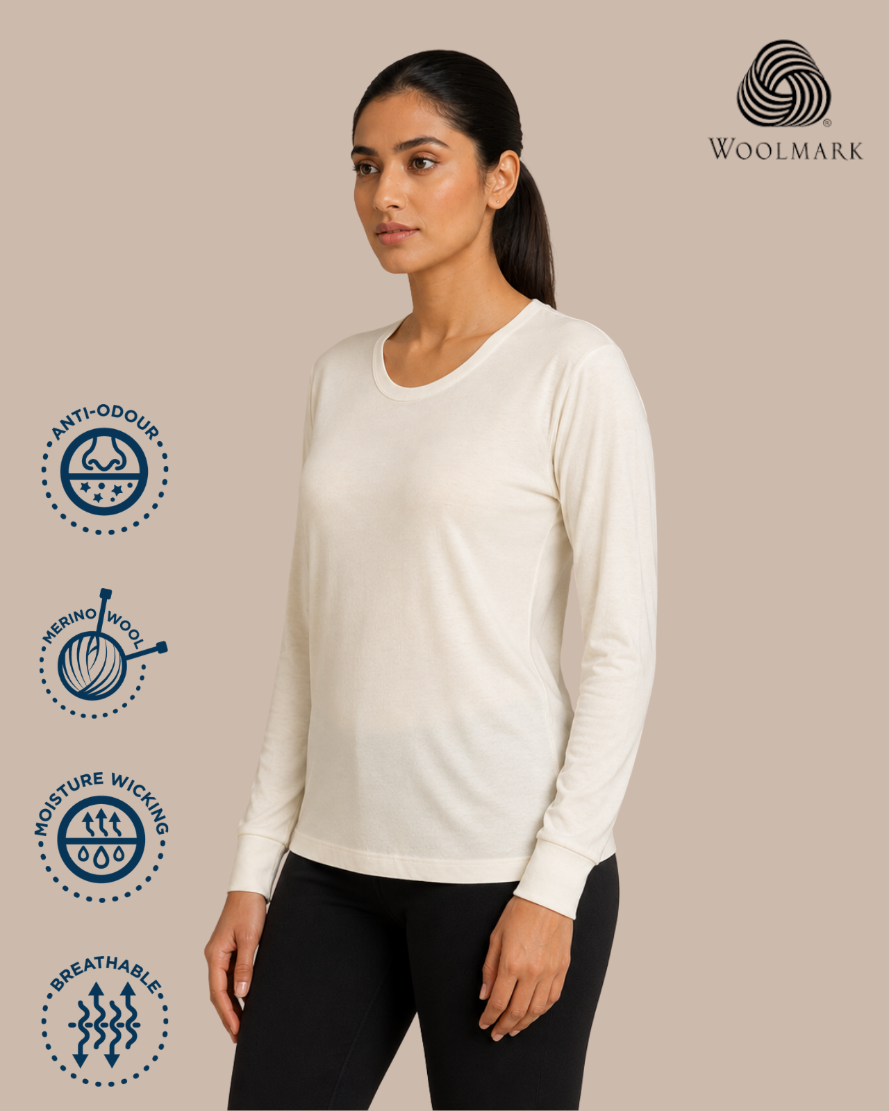 100% Merino Wool Full Sleeves High Neck Thermal Top For Women