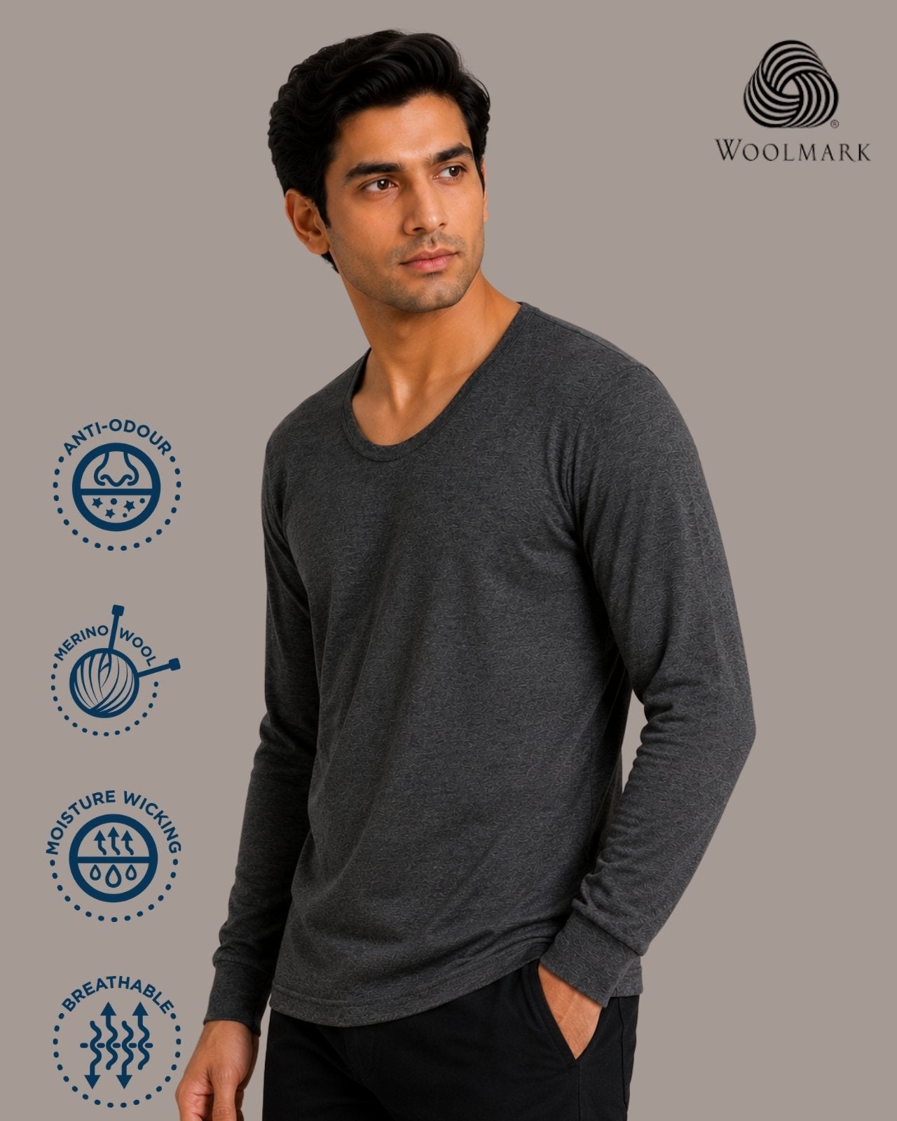 100% Merino Wool Full Sleeves Thermal Top For Men