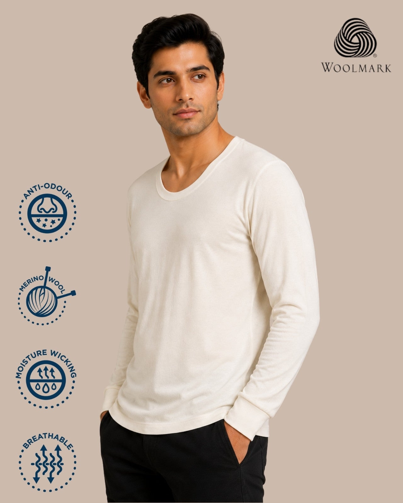 100% Merino Wool Full Sleeves Thermal Top For Men