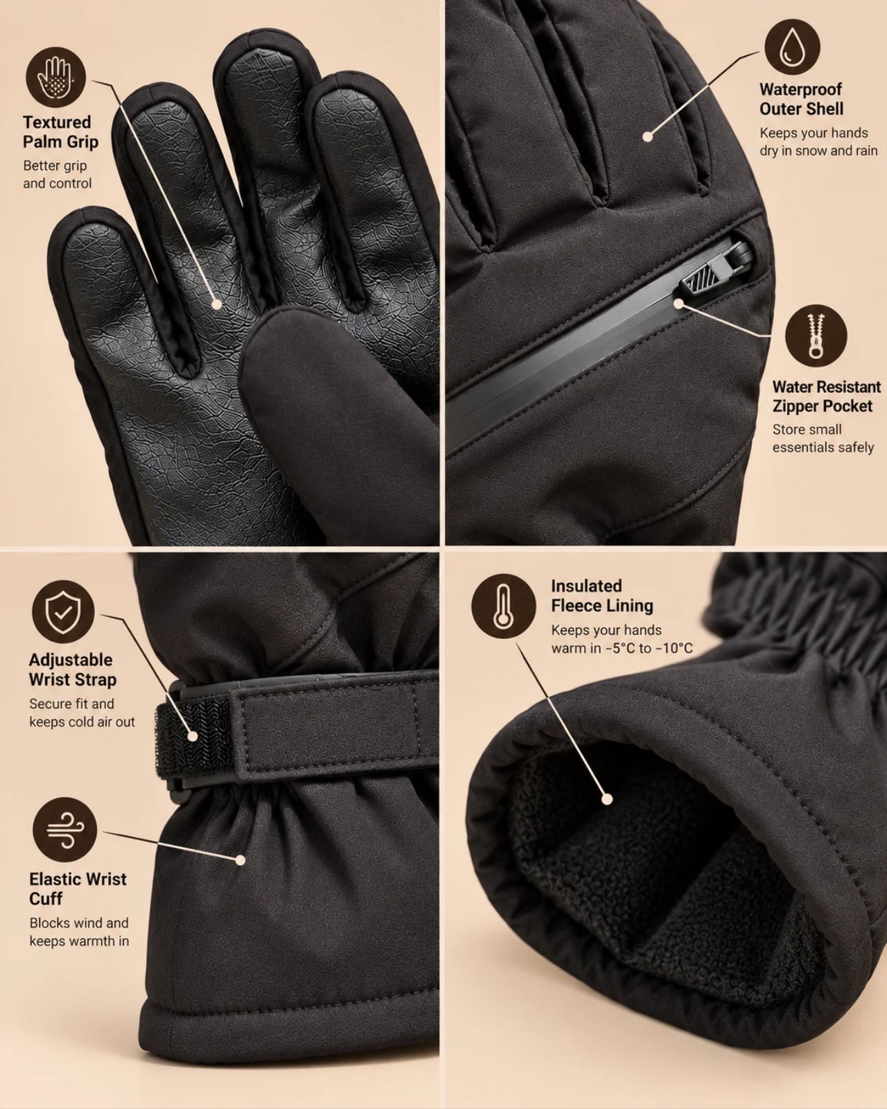 Men's Waterproof Winter Gloves with Adjustable Cuff
