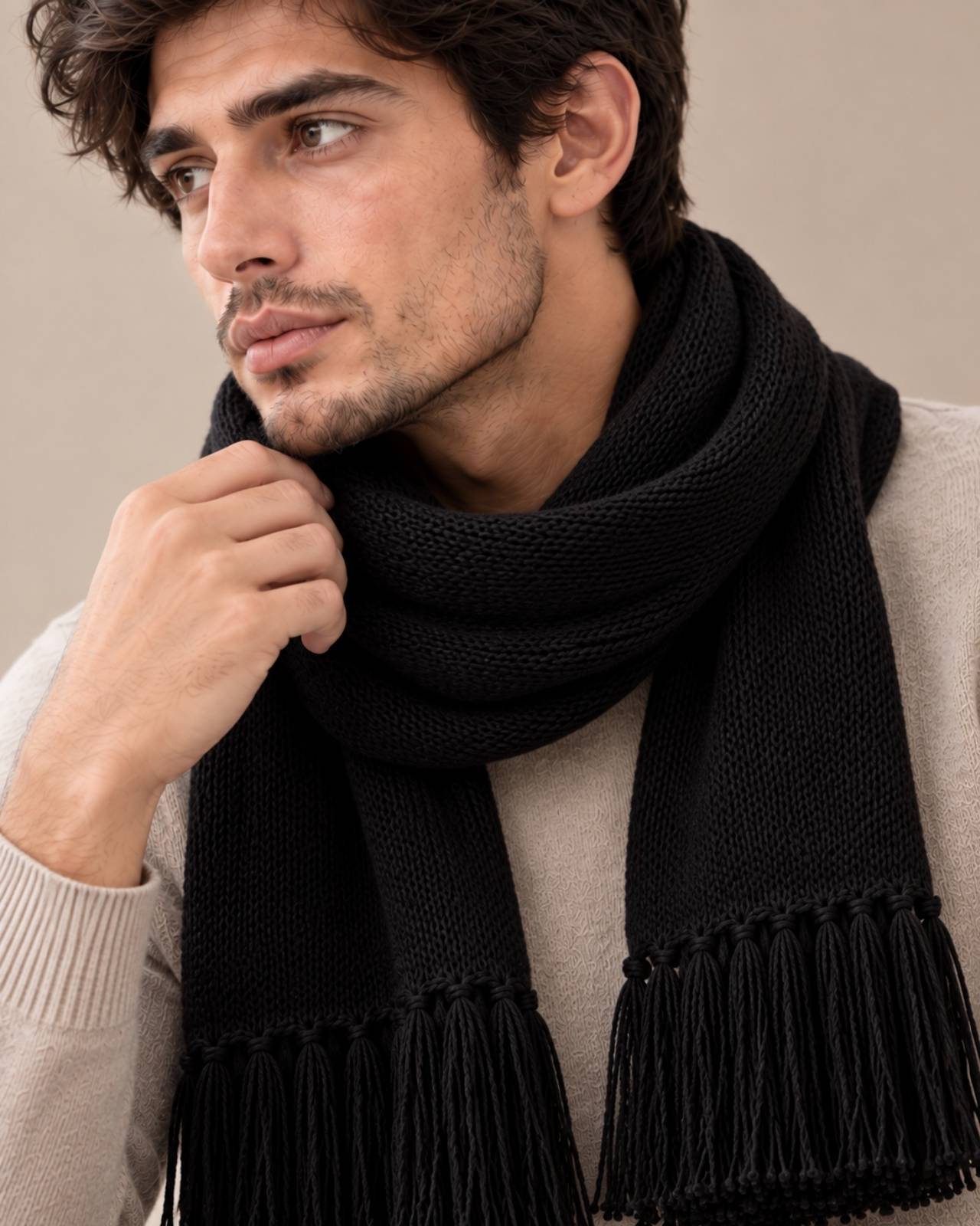 Plain Tassel Merino Wool Muffler For Men