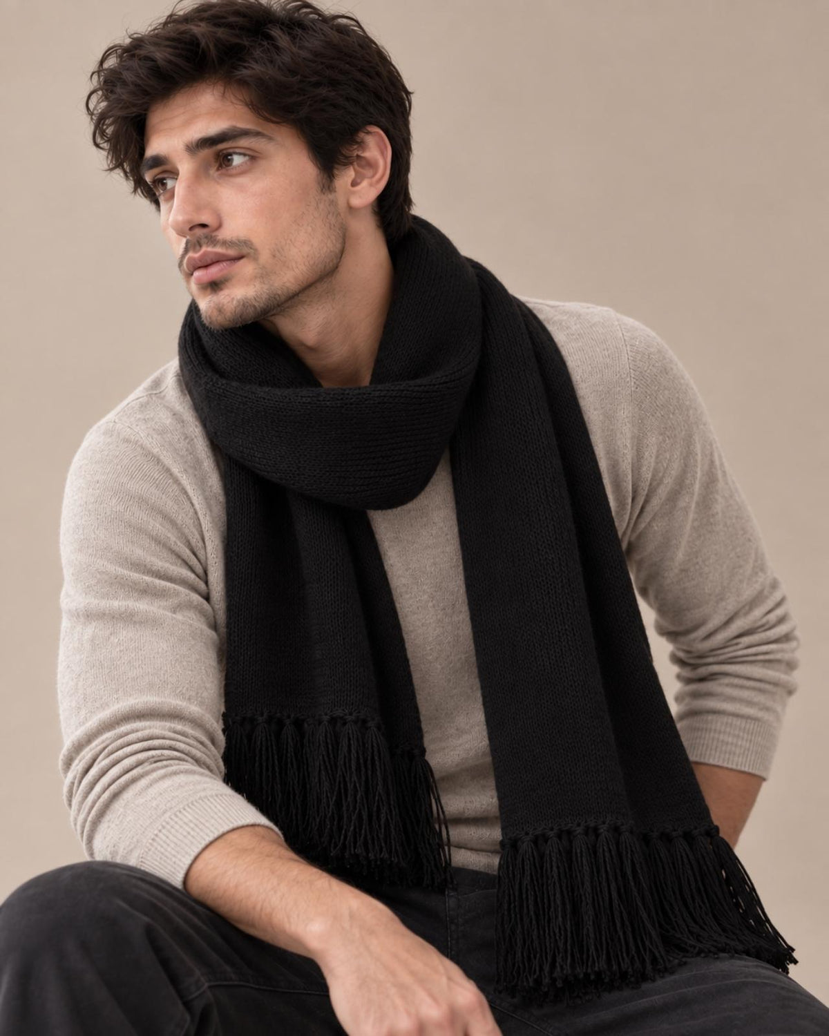 Plain Tassel Merino Wool Muffler For Men