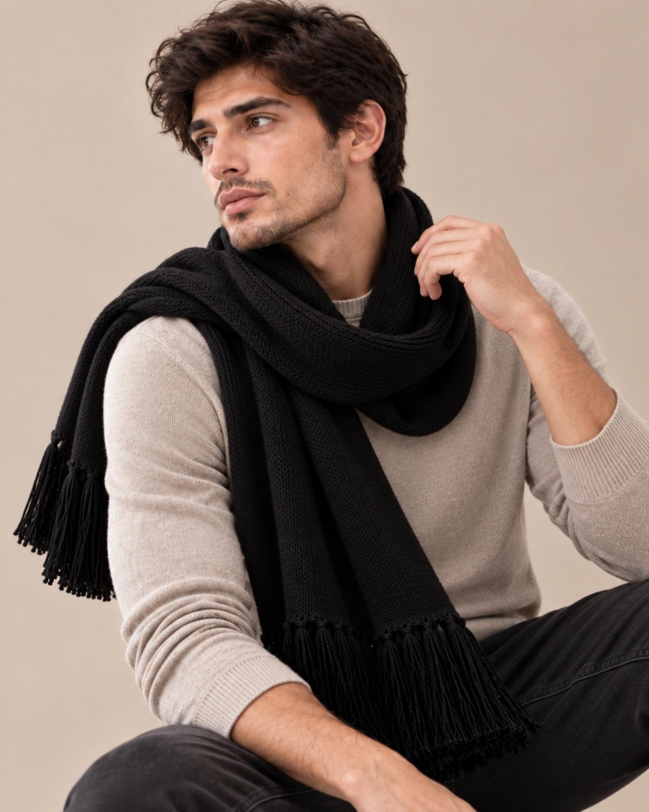 Plain Tassel Merino Wool Muffler For Men