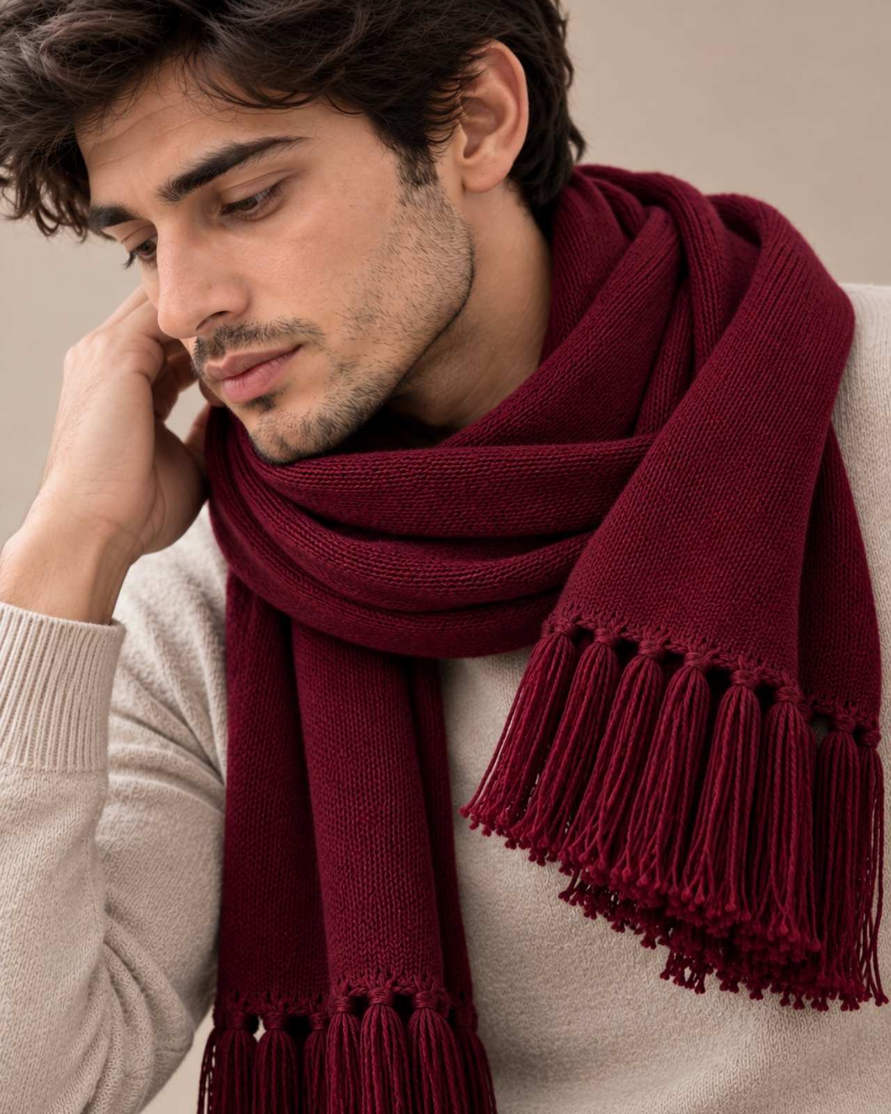 Plain Tassel Merino Wool Muffler For Men