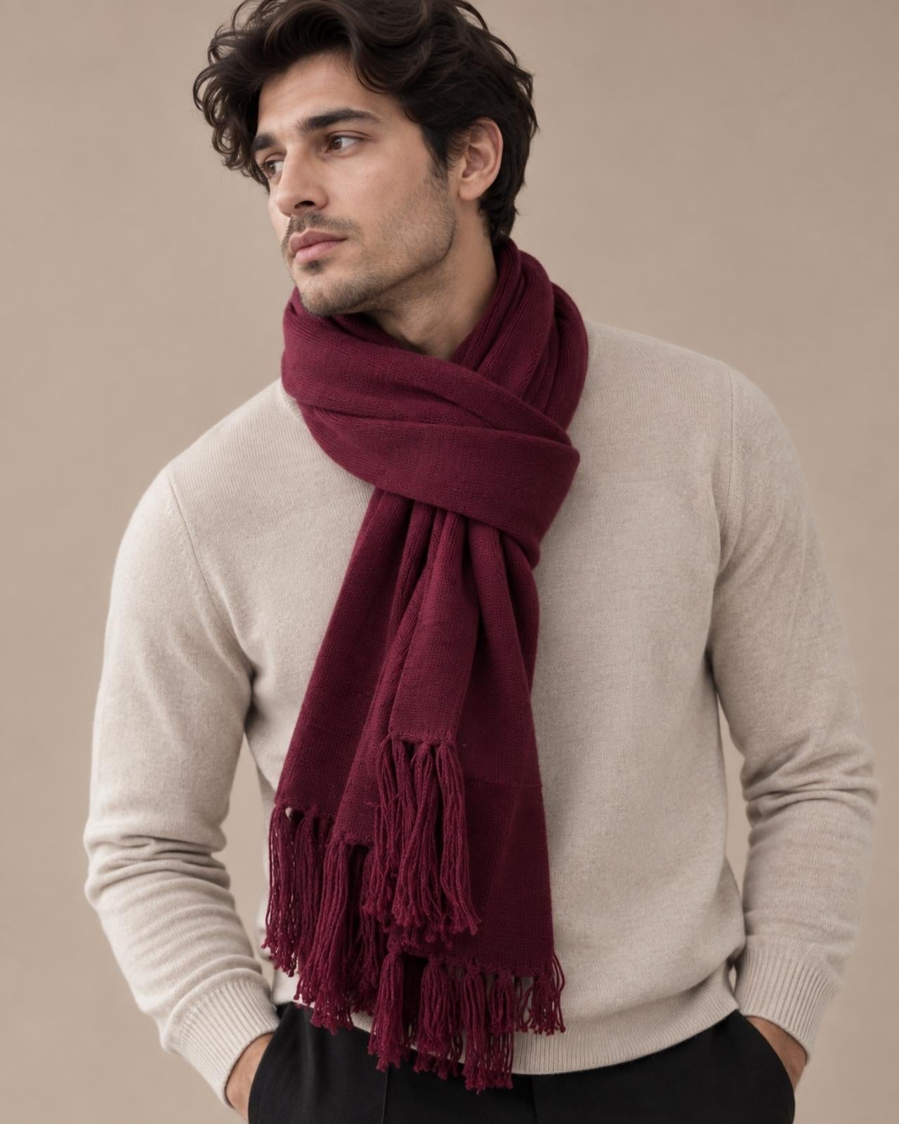 Plain Tassel Merino Wool Muffler For Men
