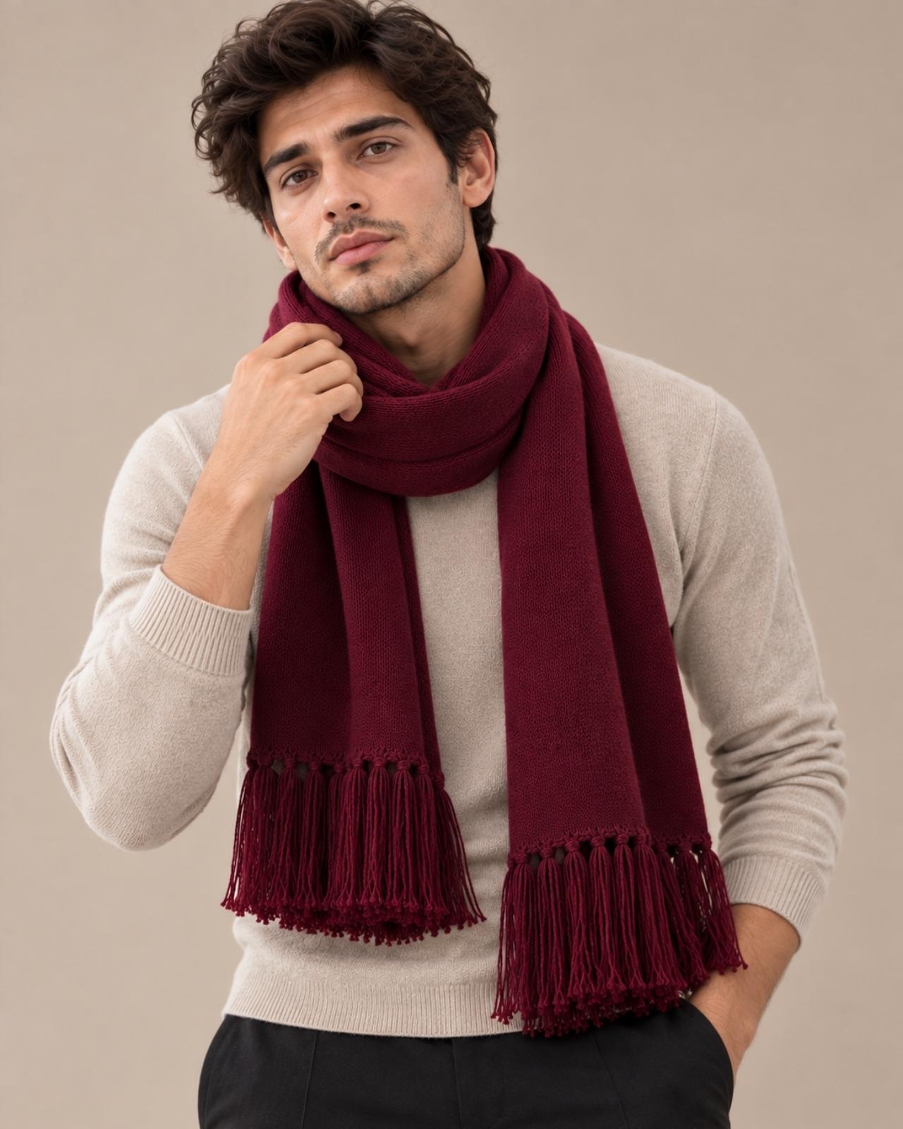 Plain Tassel Merino Wool Muffler For Men