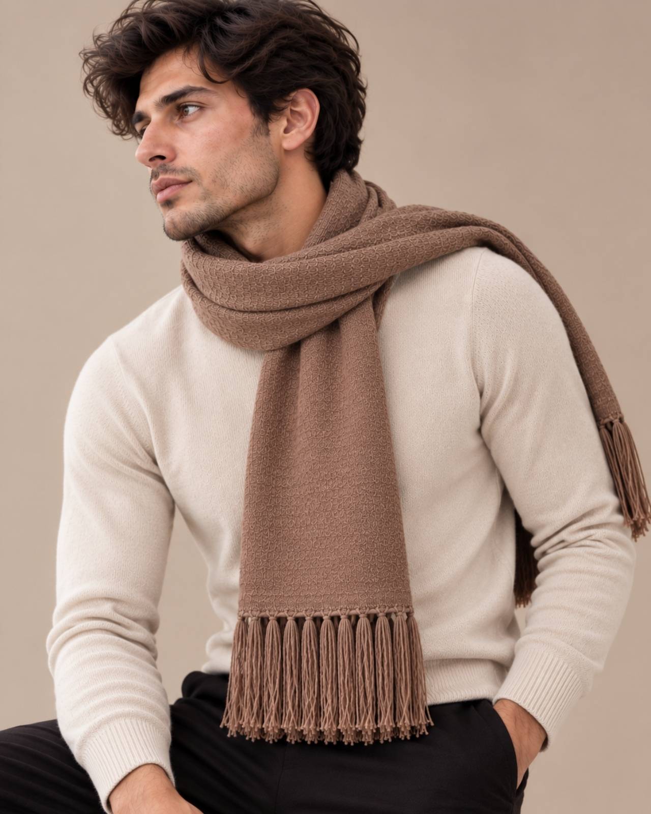 Plain Tassel Merino Wool Muffler For Men
