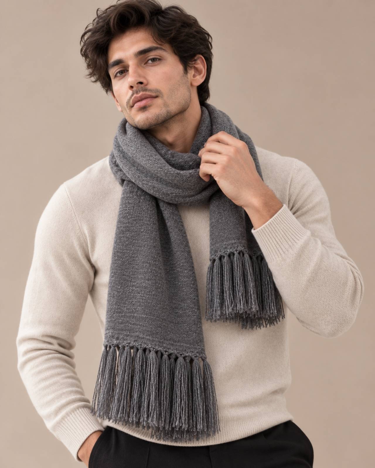 Plain Tassel Merino Wool Muffler For Men