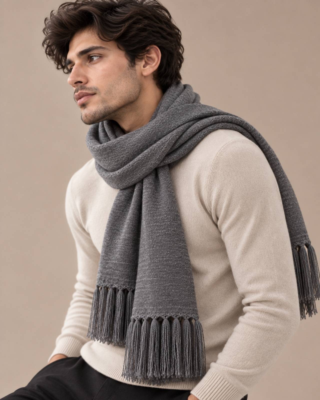 Plain Tassel Merino Wool Muffler For Men