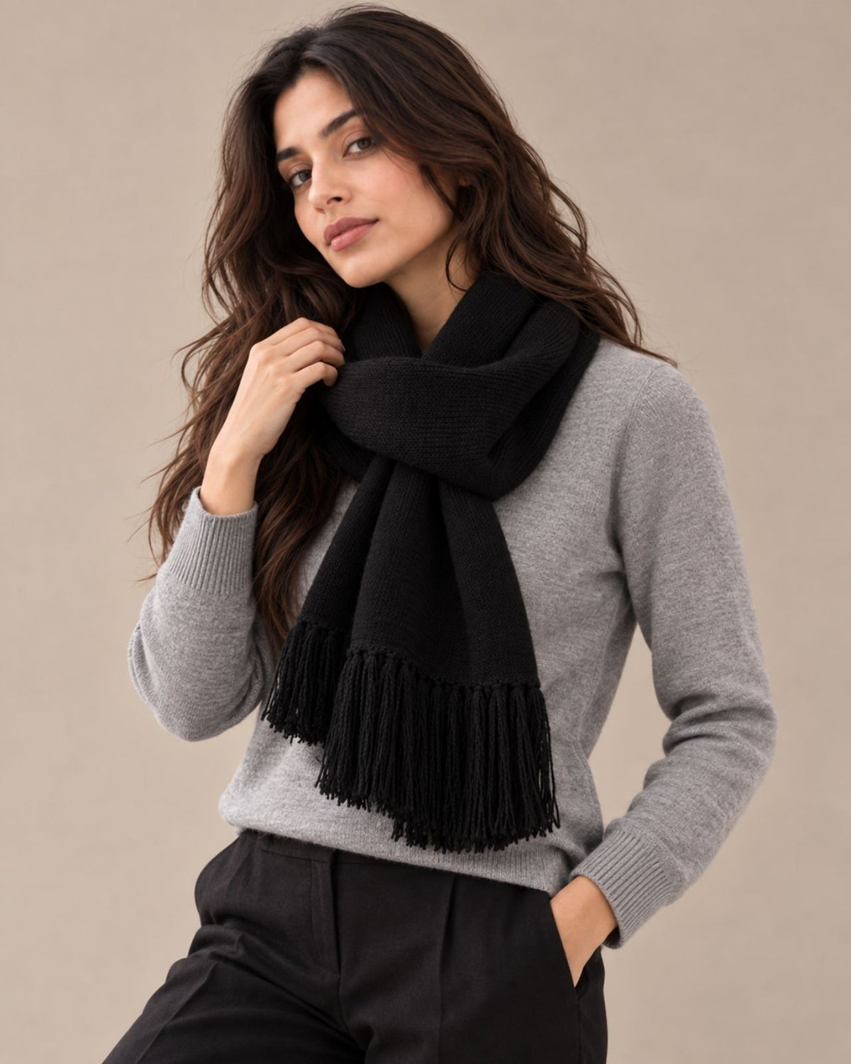 Plain Tassel Merino Wool Muffler For Women
