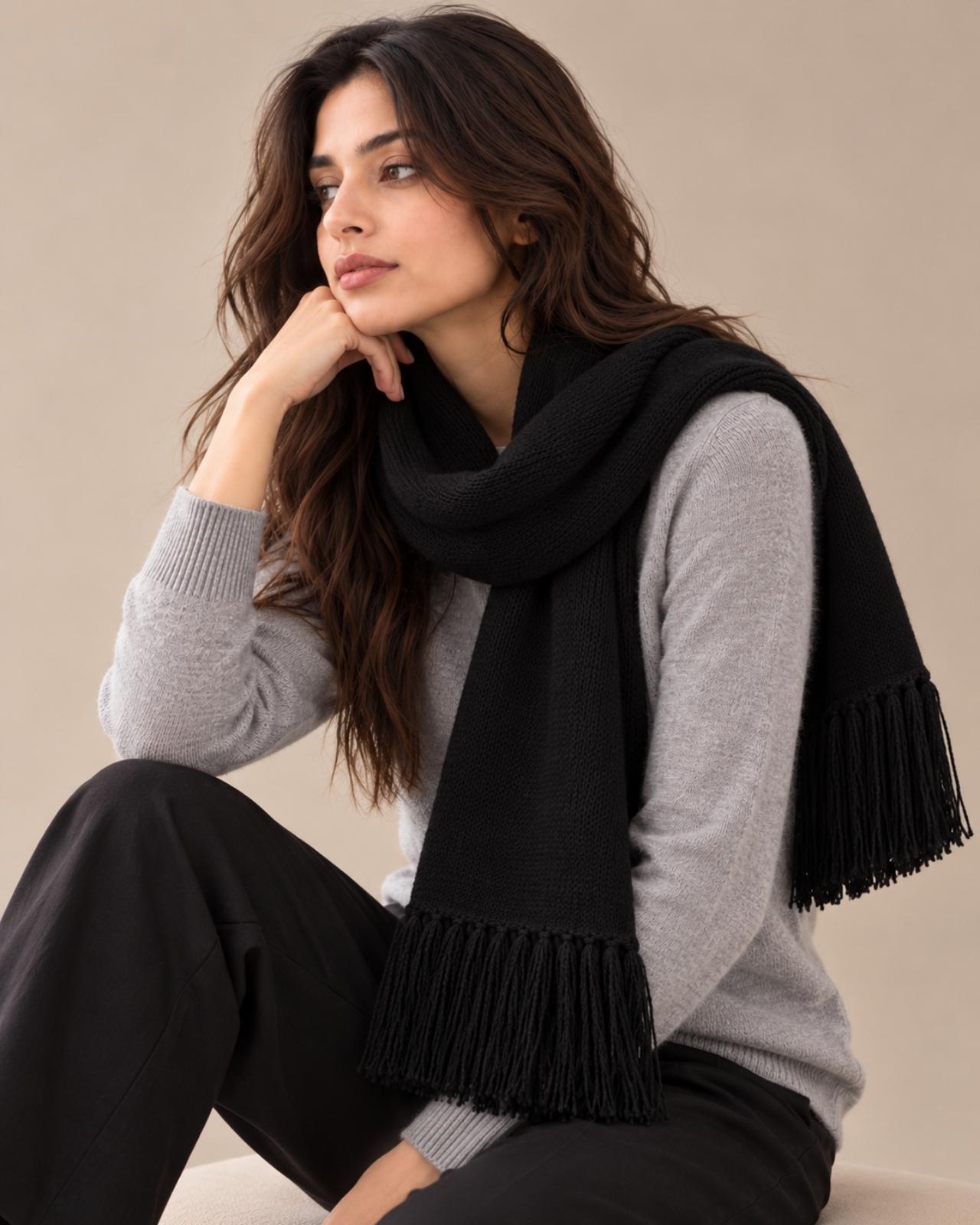 Plain Tassel Merino Wool Muffler For Women