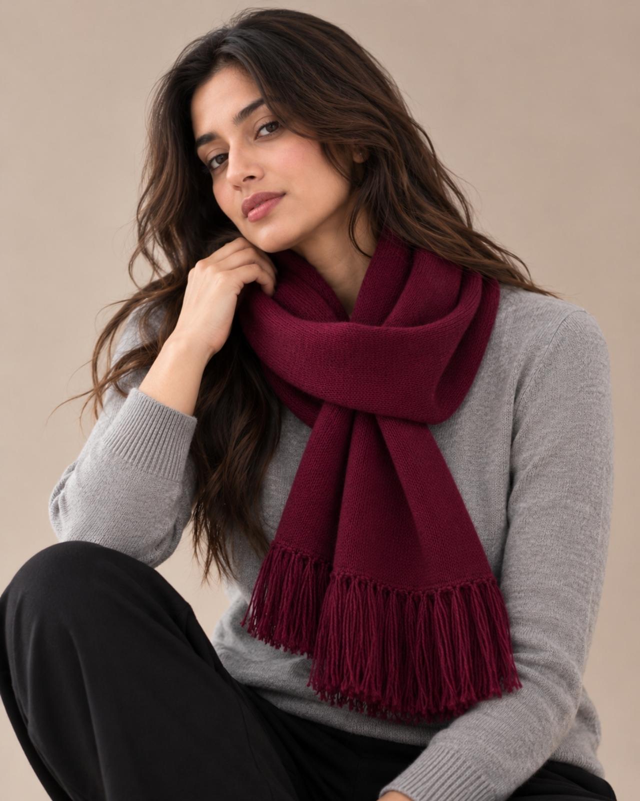 Plain Tassel Merino Wool Muffler For Women