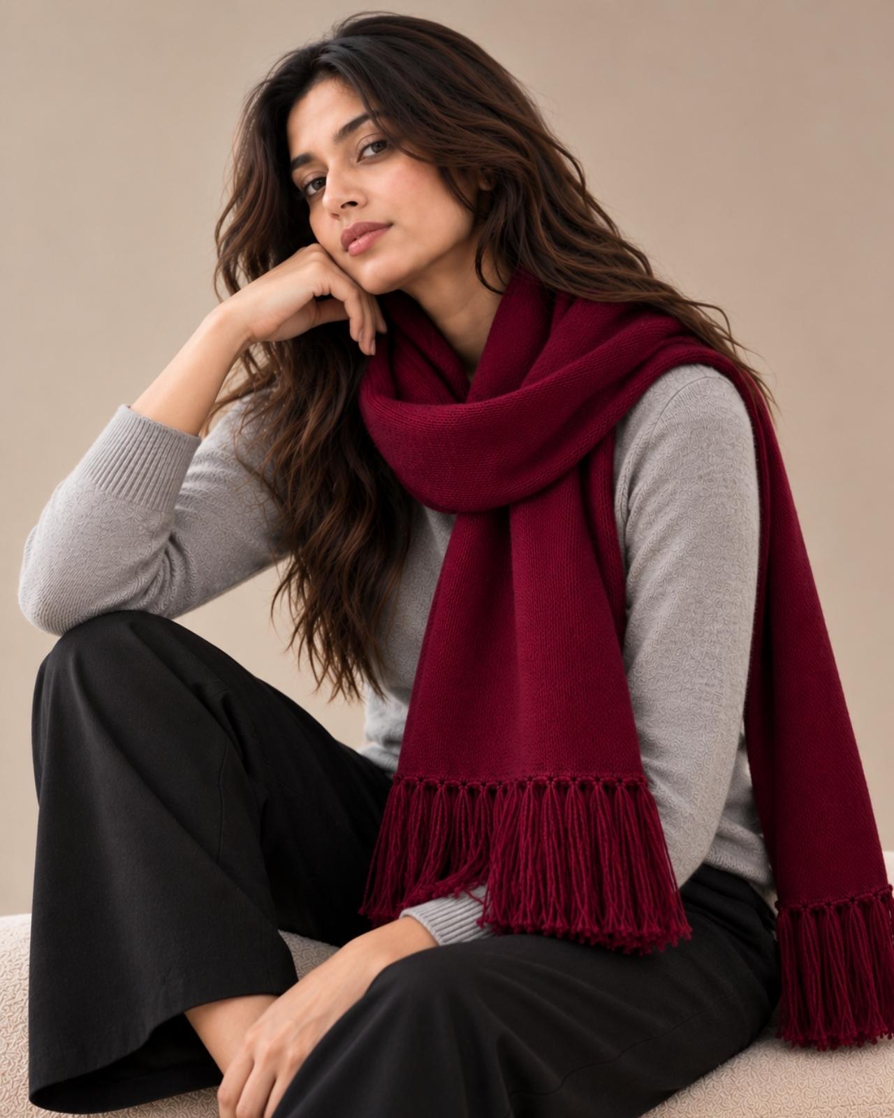 Plain Tassel Merino Wool Muffler For Women