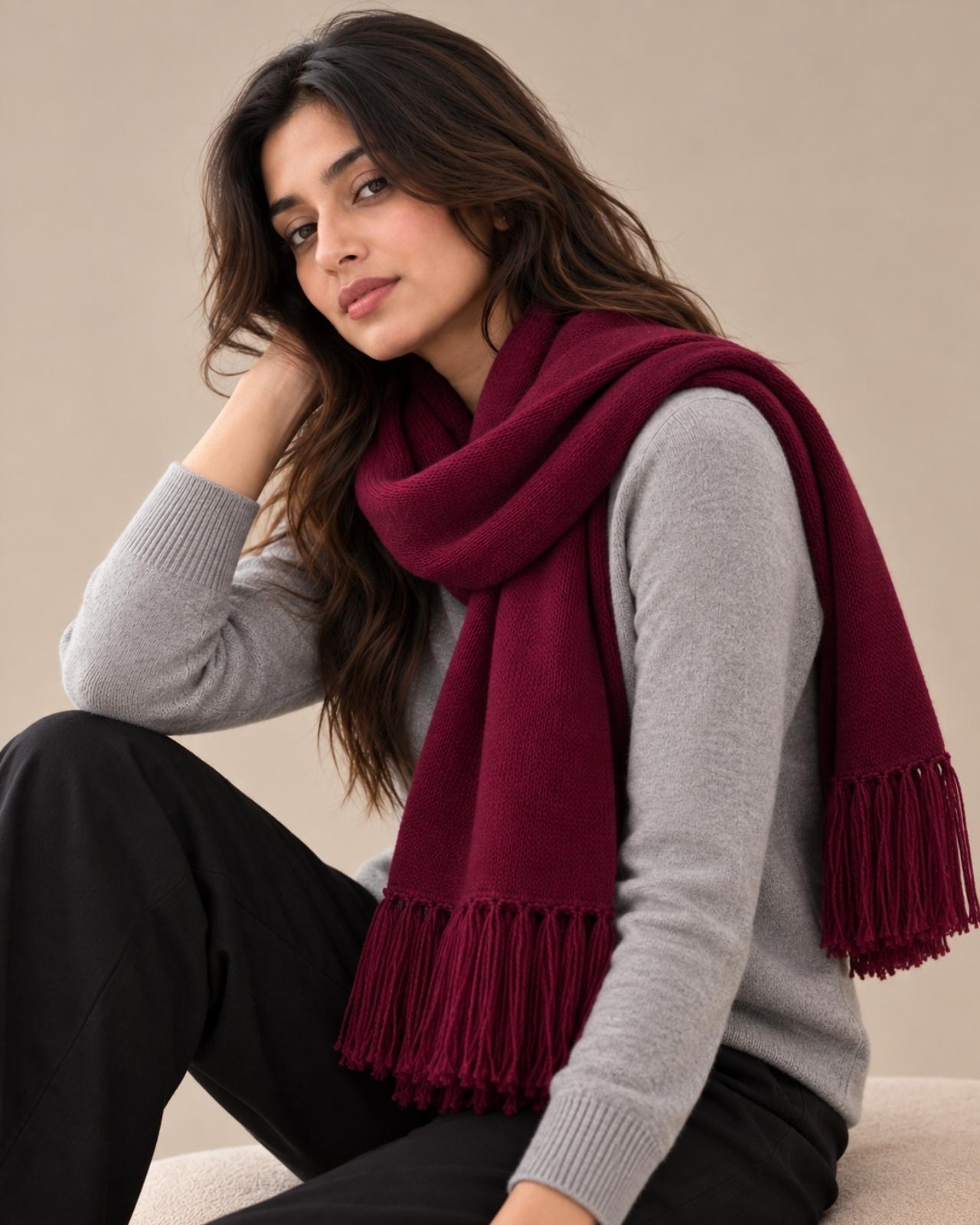 Plain Tassel Merino Wool Muffler For Women