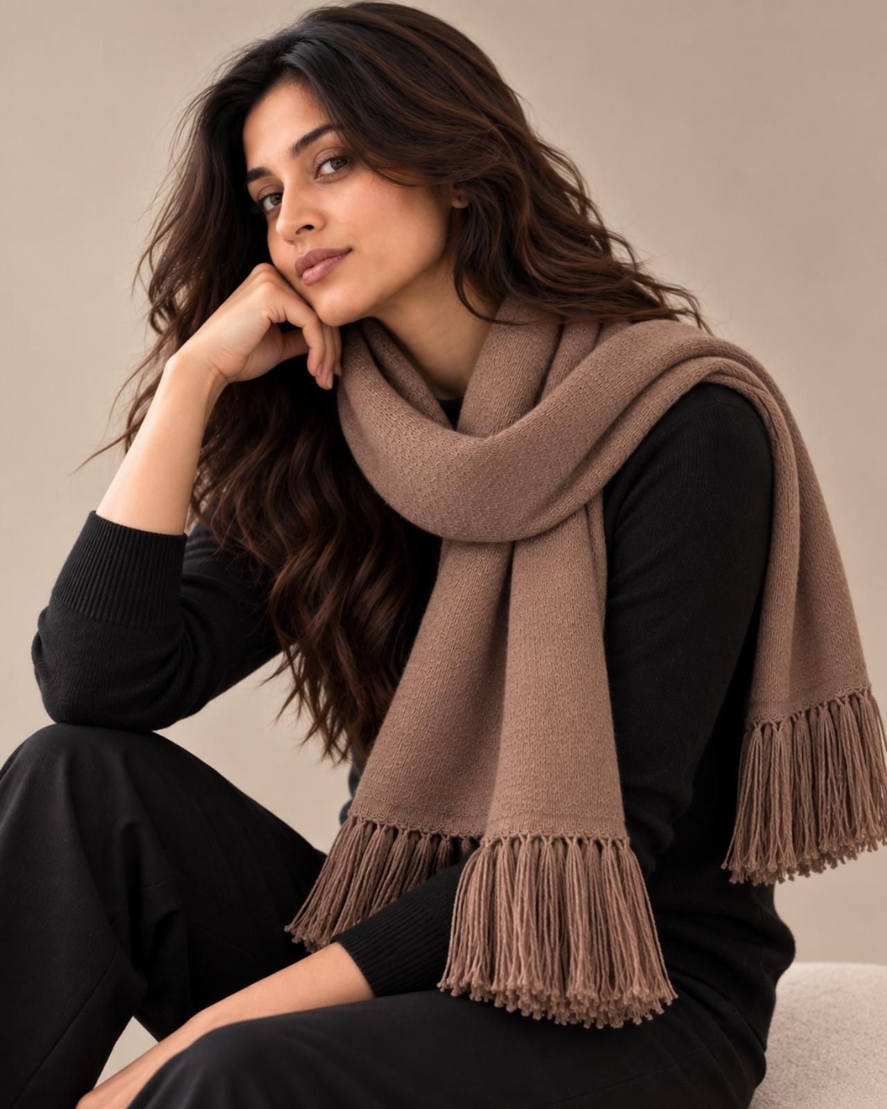 Plain Tassel Merino Wool Muffler For Women