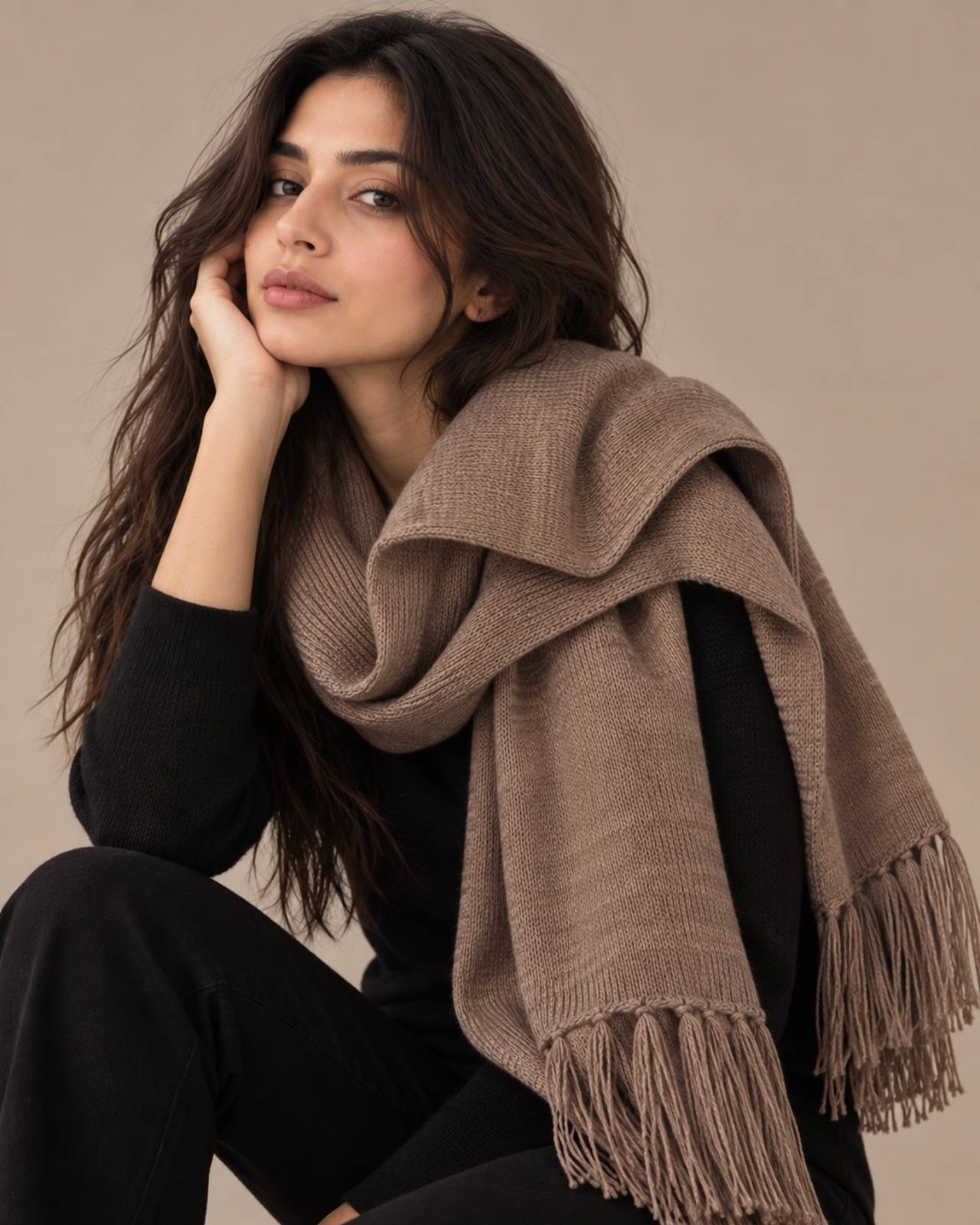 Plain Tassel Merino Wool Muffler For Women
