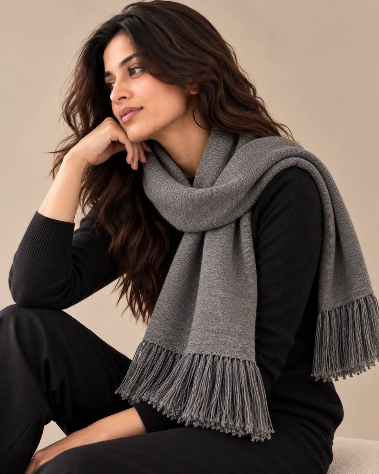 Plain Tassel Merino Wool Muffler For Women