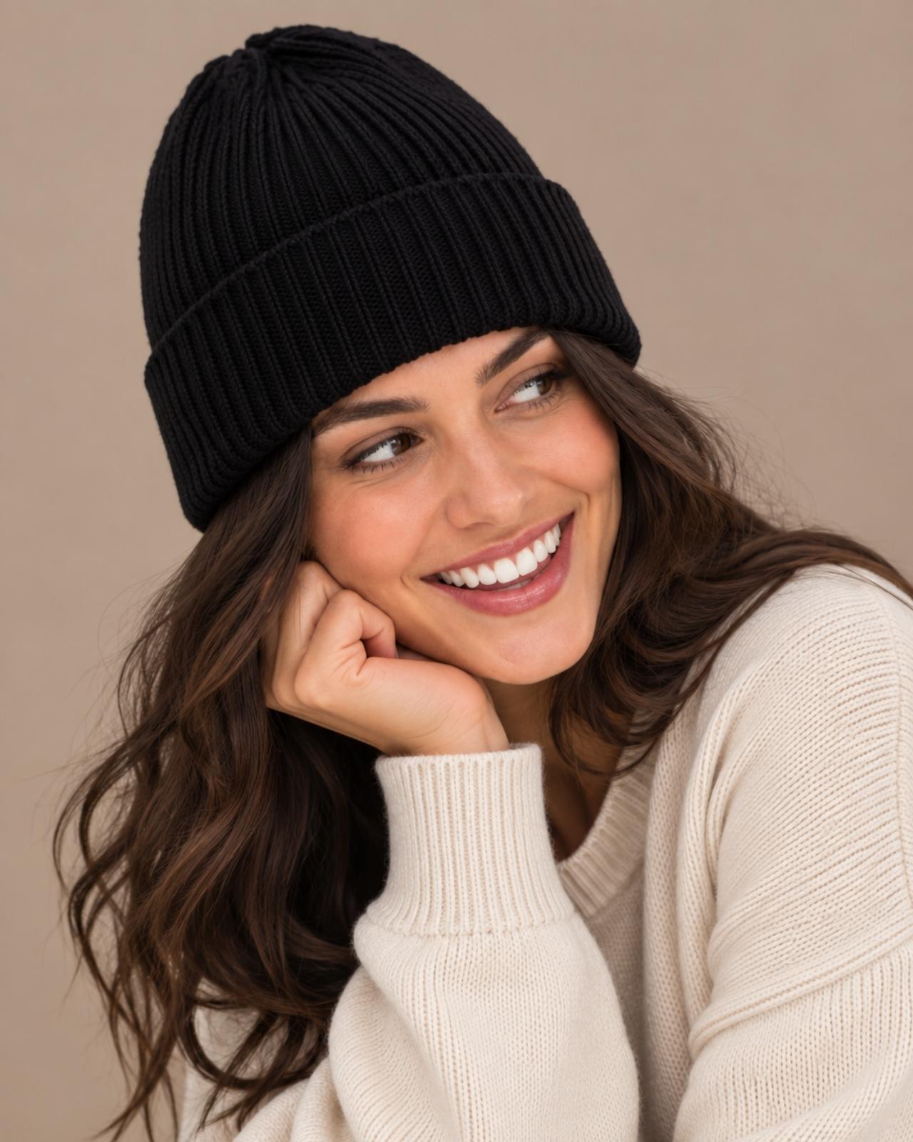 Woman wearing a black Ribbed Merino Wool Cap